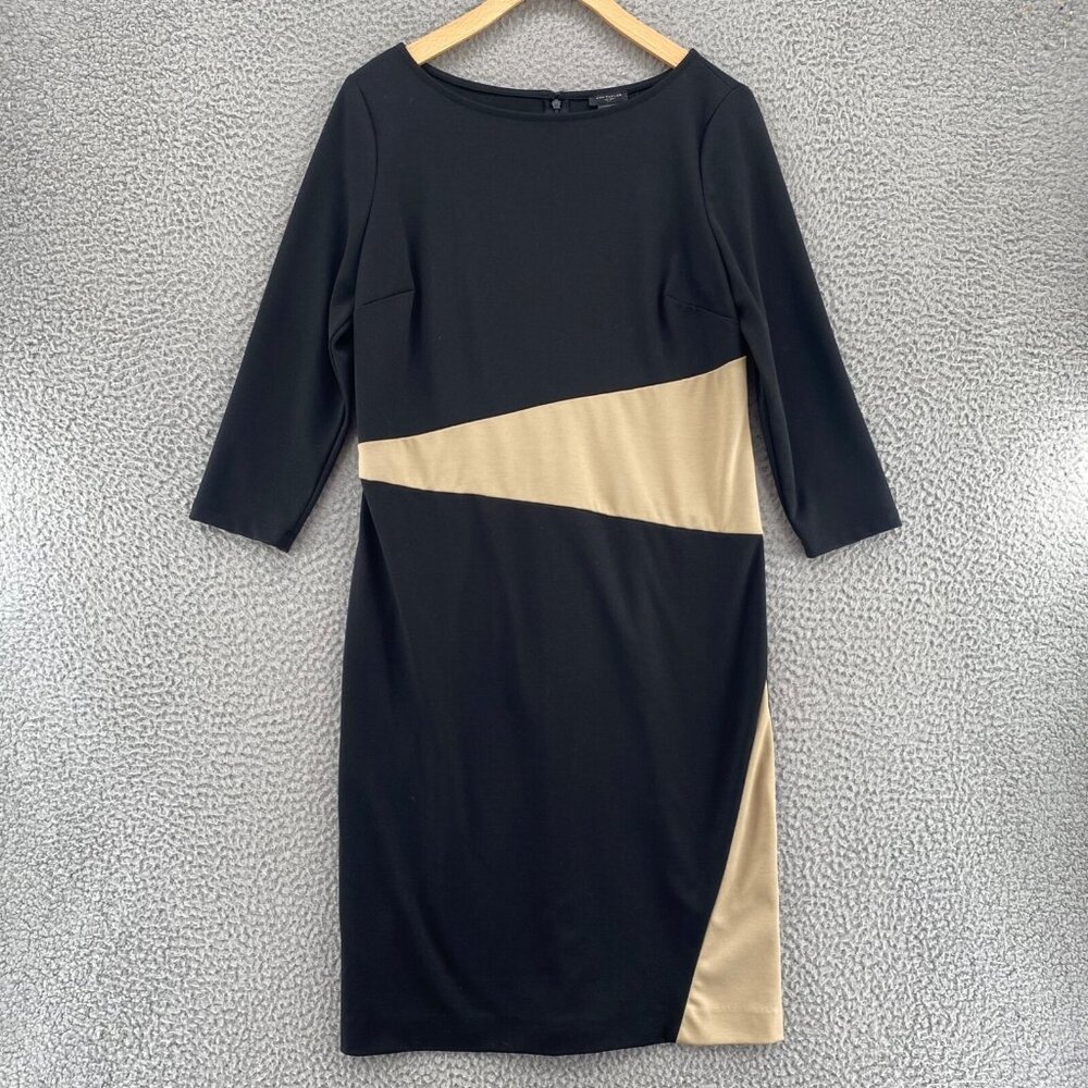 Ann Taylor Dress Womens 6 Black Beige Colorblock Shift Ponte 3/4 Sleeve Mini